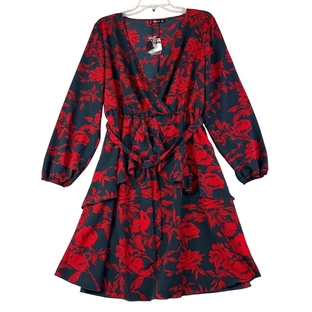 Uguest XL Red Black Floral Mini Dress Wrap V-Neck Ruffle Tiered Long Sleeve New